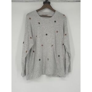 Philosophy Long Sleeve Pullover Top 1X Gray Leaf Embroidered Fall Cozy